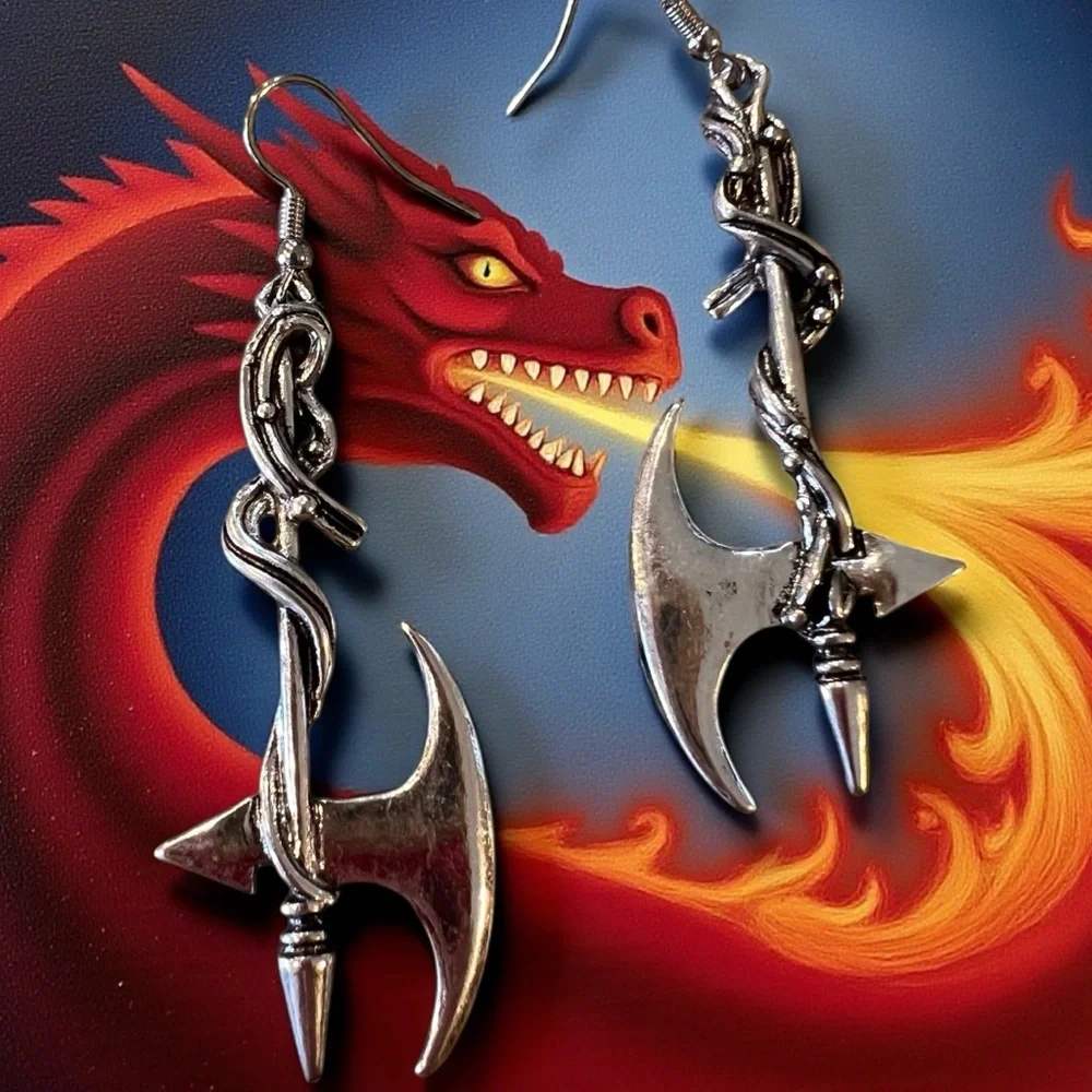 Silver Toned Battle Axe Earrings